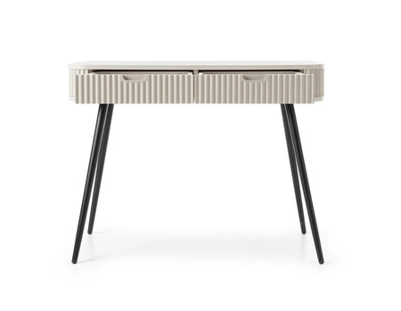 Konsola Zoya beżowa z szufladami stylowa oraz funkcjonalna toaletka zaoblony kształt bryły ryflowane fronty szuflad metalowe nogi