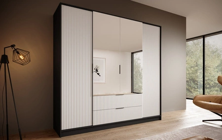 Szafa z lustrem Norel 200 cm czarny / biały stylowa szafa o nowoczesnym designie z ryflowanymi frontami i pojemnymi szufladami