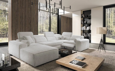 Narożnik z funkcją spania Viano IV Lux szary popiel lewostronny designerski narożnik z wysuwanym podnóżkiem duży pojemnik na pościel