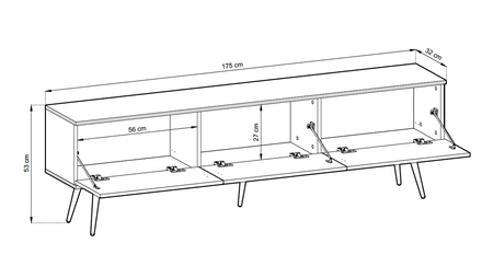 Szafka RTV Luxury 175 cm beżowa elegancki design korpus zwieńczony złotą listwą szafka wsparta na złotych metalowych nogach