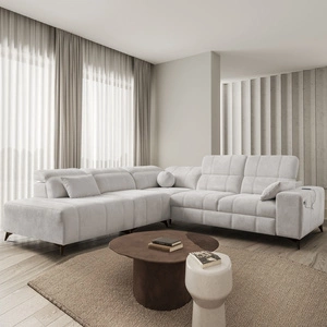 Narożnik z funkcją spania Penejos IX szary popiel lewostronny stylowy narożnik z pojemnikami na pościel wygodne regulowane zagłówki