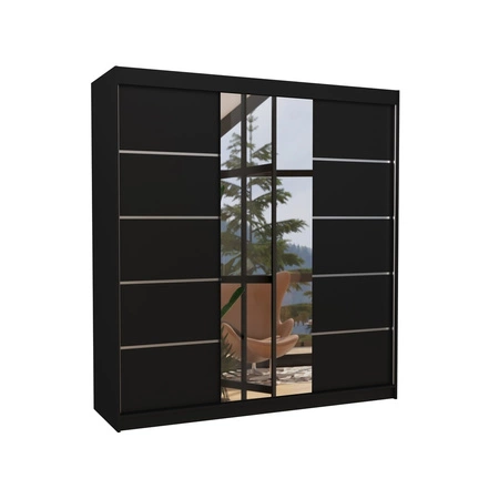 Szafa przesuwna z lustrem Bergen 200 cm czarna klasyczna forma dekoracyjne listwy na frontach szafy do sypialni lub przedpokoju