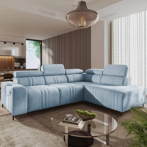 Narożnik z funkcją spania Castel VII błękitny prawostronny stylowy narożnik z pojemnikiem na pościel i regulowanymi zagłówkami