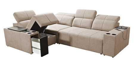 Narożnik z funkcją spania Tesalia II niebieski lewostronny komfortowy narożnik do salonu z przesuwanym oparciem pojemnik na pościel