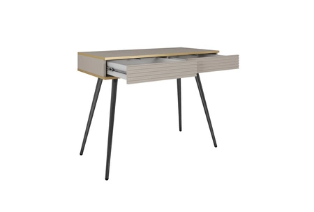 Konsola Luxury beżowa z szufladami elegancka toaletka z ryflowanymi frontami wysokie czarne nogi korpus zwieńczony złotą listwą