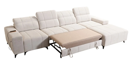 Narożnik z funkcją spania Penejos XII zielony prawostronny stylowy narożnik z pojemnikami na pościel komfortowe regulowane zagłówki