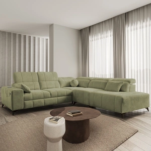 Narożnik z funkcją spania Penejos IX oliwkowy prawostronny stylowy narożnik z pojemnikami na pościel wygodne regulowane zagłówki