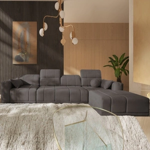 Narożnik z funkcją spania Cetara XII szary brąz prawostronny stylowy design komfortowe przesuwane oparcia dwa pojemniki na pościel