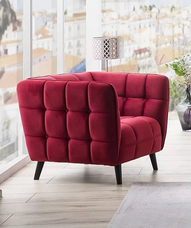 Fotel Castello bordowy nowoczesny oraz funkcjonalny fotel z drewnianymi nogami komfortowy podczas wypoczynku