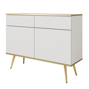 Komoda z szufladami Luxury 107 cm biała stylowa komoda z ryflowanymi frontami korpus zwieńczony złotą listwą złote metalowe nogi