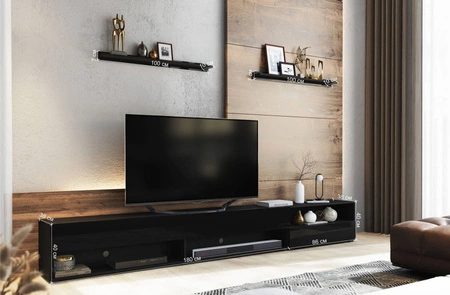 Szafka RTV Lawrio 266 cm biała / biały połysk z możliwością powieszenia i półkami stylowy design wpisujący się w każde wnętrze