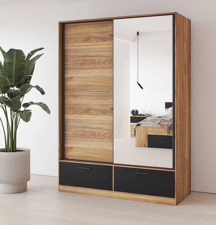 Szafa przesuwna Beta 150 cm dąb mauvella / czarny pojemna szafa z lustrem świetnie sprawdzi się w pomieszczeniach o każdej wielkości