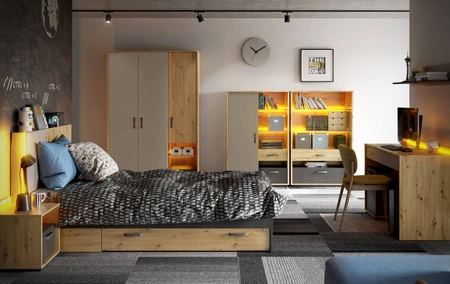 Regał Qubic 90 cm dąb artisan / raw steel designerski i stylowy regał z oświetleniem i pojemnymi szufladami oryginalna kolorystyka