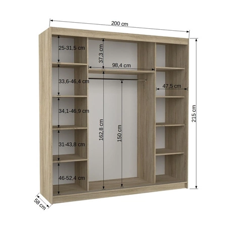 Szafa przesuwna z lustrem Bergen 200 cm dąb sonoma jasny klasyczna forma dekoracyjne listwy na frontach szafy do przedpokoju