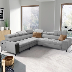 Narożnik z funkcją spania Bolmso III szary lewostronny narożnik z pojemnikami na pościel szuflada z pełnym wysuwem w boczku mebla