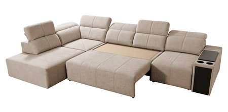 Narożnik z funkcją spania Tesalia XI brązowy lewostronny nowoczesny narożnik z komfortowym przesuwanym oparciem i pojemną szufladą