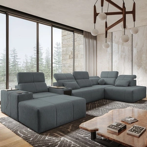 Narożnik z funkcją spania Tesalia V szary lewostronny komfortowy narożnik z szufladą oraz funkcją przesuwanego oparcia