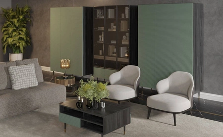 Witryna Salem 120 cm czarne drewno / pistacjowa zieleń elegancka witryna szklana wsparta na metalowcach nogach o stylowym wykończeniu