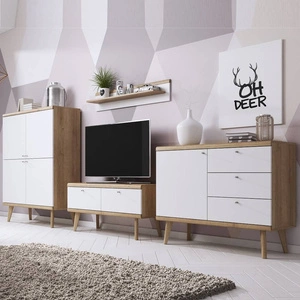 Meblościanka Primo dąb riviera / biała nowoczesny design obrzeża wykończone specjalną okleiną i system cichego domykania