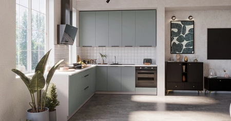 Zestaw mebli kuchennych narożny Treviso Wh 290x230 cm stylowe szafki kuchenne z frontami wykonanymi w technologii anti fingerprint