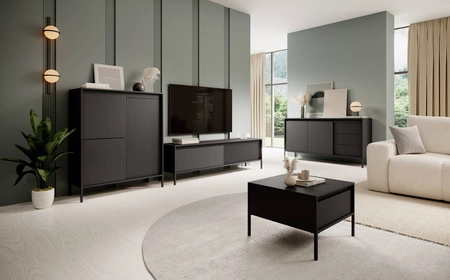 Zestaw mebli Sesti czarny nowoczesny i oryginalny design meblościanki ciekawe zestawienie ryflowania z gładkimi frontami push to open