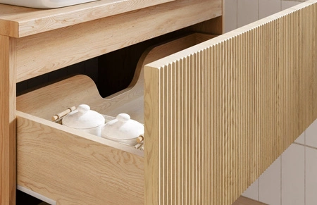 Zestaw mebli łazienkowych Nordic Cremona dąb cremona eleganckie szafki łazienkowe z ryflowaniami na frontach frezowane uchwyty