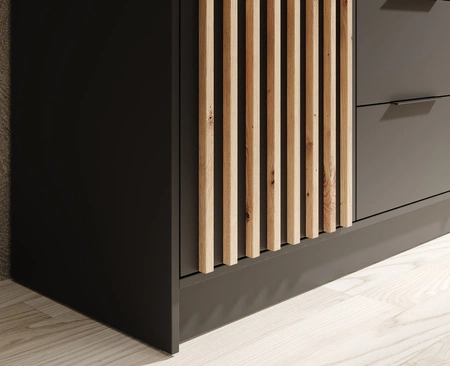 Szafa z lustrem Neri 200 cm czarna stylowe lamele zdobiące drzwi szafy pojemne szuflady uchwyty krawędziowe