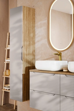 Zestaw mebli łazienkowych Luxor dąb olejowany / beżowy designerskie szafki łazienkowe oryginalne trójwymiarowe ryflowania na frontach