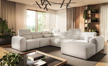 Narożnik z funkcją spania Cantare VIII kremowy prawostronny gustowny narożnik z regulowanymi zagłówkami pojemniki na pościel