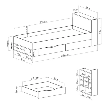 Łóżko z szufladą Niko 90x200 cm czarne / dąb / beżowe nowoczesny design łóżka wysuwane półki w zagłówku