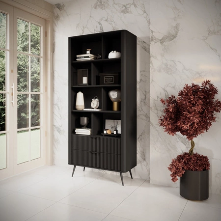 Regał Lante 88 cm czarny elegancki regał z szufladami designerskie ryflowania na frontach metalowe uchwyty krawędziowe