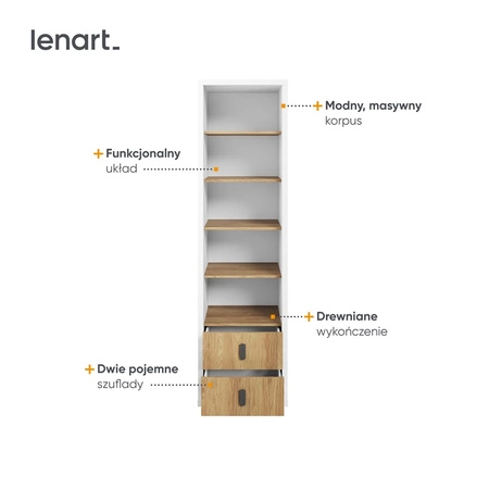 Regał Simi 55 cm biały / hikora naturalna designerski wysoki regał na książki wyposażony w dwie szuflady doskonały mebel młodzieżowy