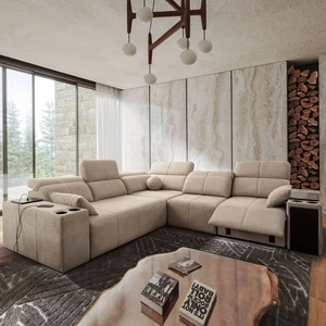 Narożnik z funkcją spania Tesalia III Lux beżowy prawostronny komfortowy narożnik z wysuwanym podnóżkiem funkcja przesuwanego oparcia