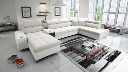 Narożnik z funkcją spania Dafni V kość słoniowa / biały lewostronny velvet wygodny i komfortowy narożnik z regulowanymi zagłówkami