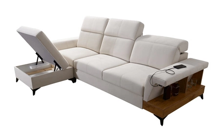 Narożnik z funkcją spania Bresso czarny / czarna ekoskóra lewostronny narożnik z półką w kolorze dąb lancelot regulowane zagłówki