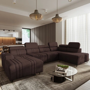 Narożnik z funkcją spania Castel VI brązowy lewostronny wygodny i elegancki narożnik z dwoma pojemnikami na pościel