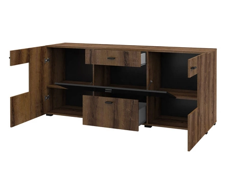 Komoda z szufladami Coby 165 cm dąb monastery / czarny nowoczesny design idealna komoda do salonu sypialni lub biura czarne uchwyty