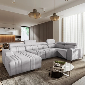 Narożnik z funkcją spania Castel IV szary popiel lewostronny stylowy narożnik z pojemnikami na pościel i regulowanymi zagłówkami