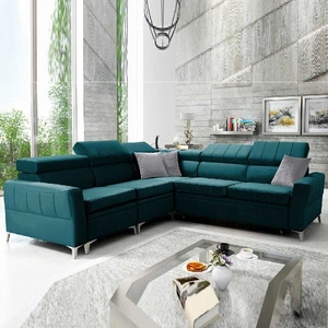 Narożnik z funkcją spania Rava IV lazurowy lewostronny velvet komfort podczas codziennego wypoczynku pojemnik na pościel