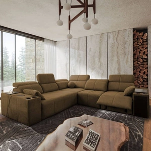 Narożnik z funkcją spania Tesalia III Lux brązowy prawostronny komfortowy narożnik z wysuwanym podnóżkiem funkcja przesuwanego oparcia