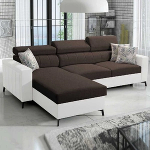 Narożnik z funkcją spania Savona brązowy / biały lewostronny elegancki narożnik z regulowanymi zagłówkami dekoracyjne przeszycia