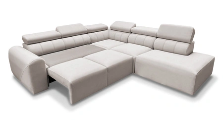 Narożnik z funkcją spania Cantare IX łososiowy prawostronny komfortowy narożnik rozkładany nowoczesny design pluszowa tkanina