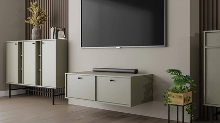 Szafka RTV Kioto IV 121 cm eukalipptus elegancka szafka z drzwiami otwieranymi do dołu stonowana kolorystyka czarne metalowe uchwyty