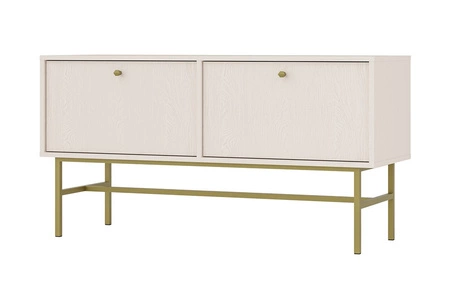 Szafka RTV Kioto III 121 cm beżowa elegancka szafka z drzwiami otwieranymi do dołu stonowana kolorystyka złoty metalowy stelaż