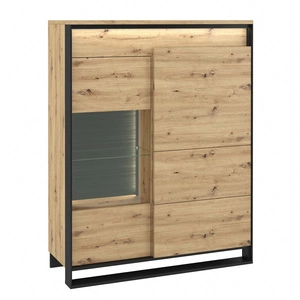 Witryna niska Quant 110 cm dąb artisan / czarny elegancka witryna do salonu w stylu loftowym z subtelnym oświetleniem LED