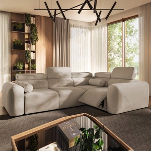 Narożnik z funkcją spania Cantare II Lux beżowy prawostronny komfortowy narożnik do salonu z podnoszonym podnóżkiem miękka tkanina