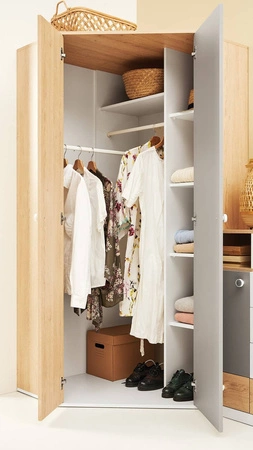 Szafa narożna Pixel dąb biszkoptowy / szara idealna do pokoju młodzieżowego funkcjonalna i pojemna oryginalna kolorystyka