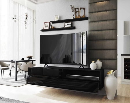 Szafka RTV wisząca Neo 172 cm czarna / czarny połysk z półkami stylowy design szafki pod telewizor z frontami na wysoki połysk