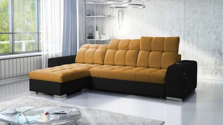 Narożnik z funkcją spania Luigi miodowy / czarny lewostronny narożnik z dwoma pojemnikami na pościel tkanina o ciekawej strukturze