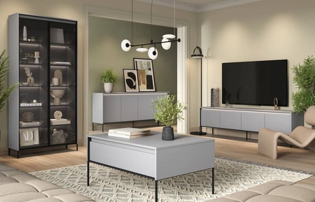 Komoda Trend 193 cm szara wyjątkowy design pojemna komoda do salonu z oświetleniem LED charakterystyczne ryflowane fronty